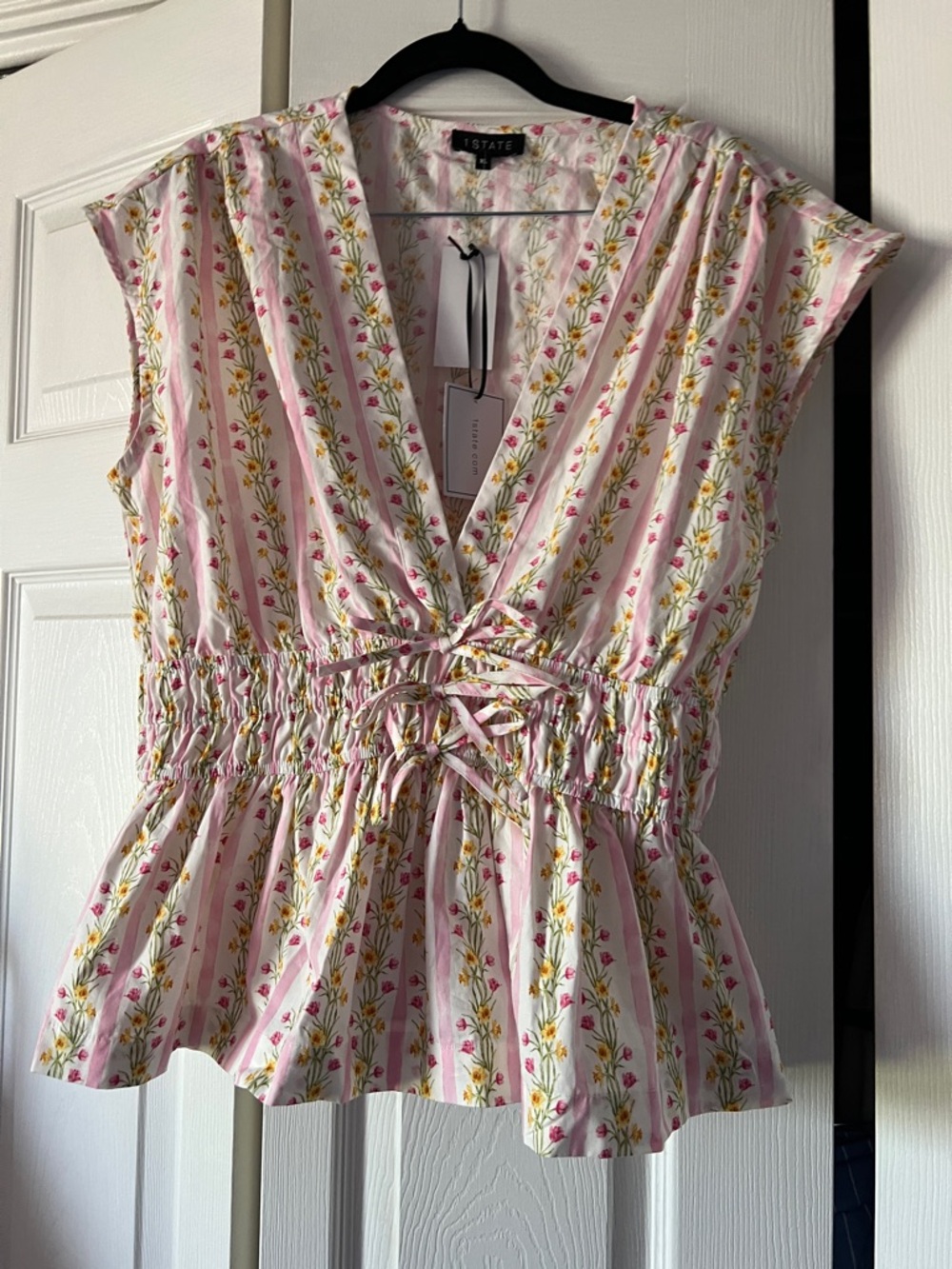 1. State Pink and Yellow Floral Tie-Front V-Neck Top